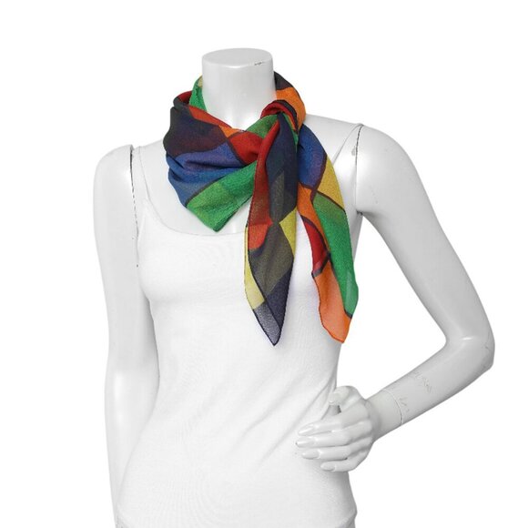 Vintage Square Colour Block Scarf Sheer Italy Tie Rack Retro Red Green Yellow - Picture 2 of 7